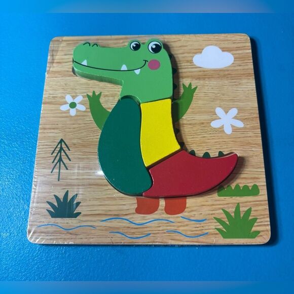3 NEW! Kids Wooden Puzzles 5.78” Square Alligator Caterpillar & Rocket Ship - Picture 2 of 5